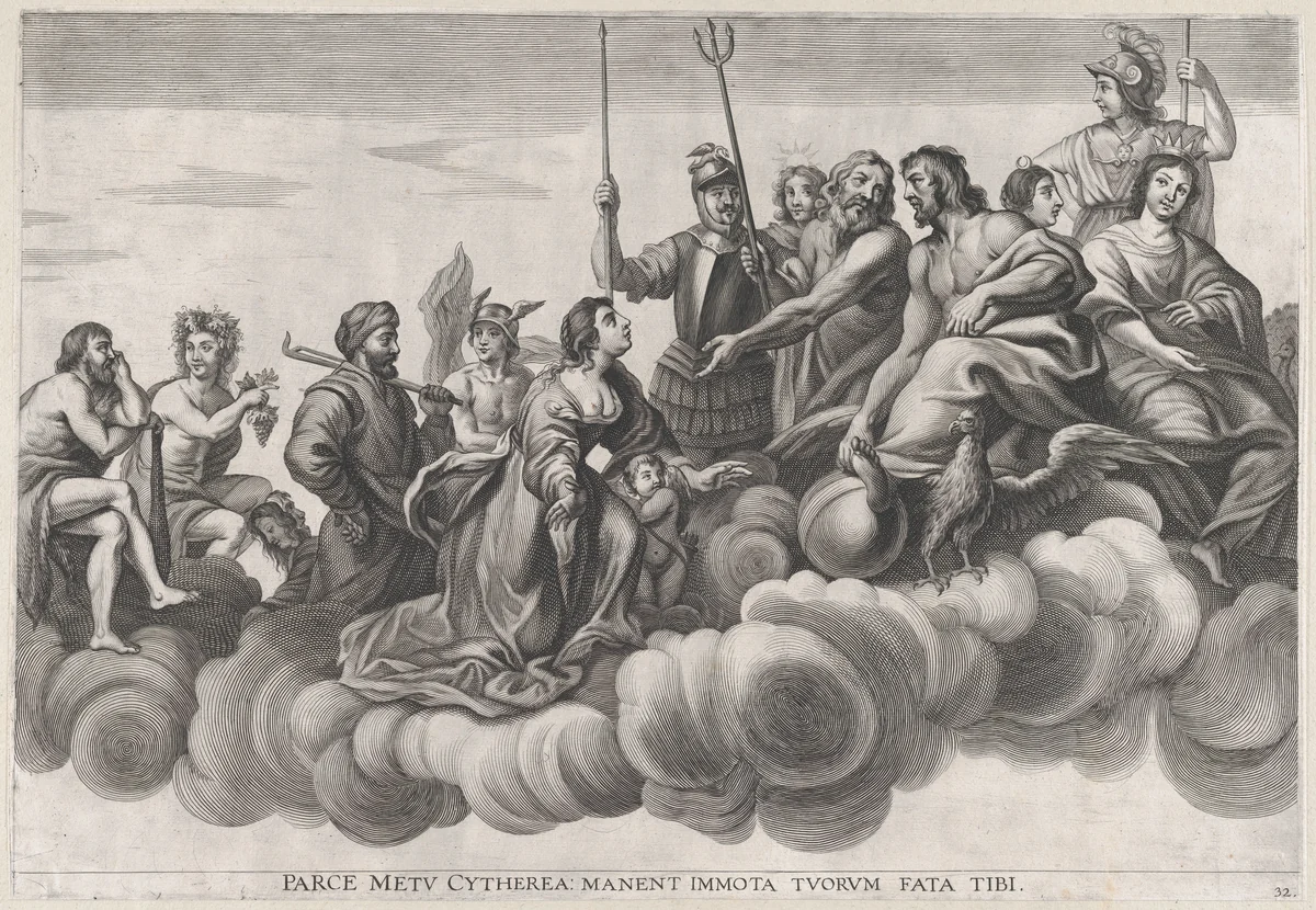 Plate 32: Venus asking Jupiter for protection; from Guillielmus Becanus's 'Serenissimi Principis Ferdinandi, Hispaniarum Infantis...' by Johannes Meursius, print, 1636