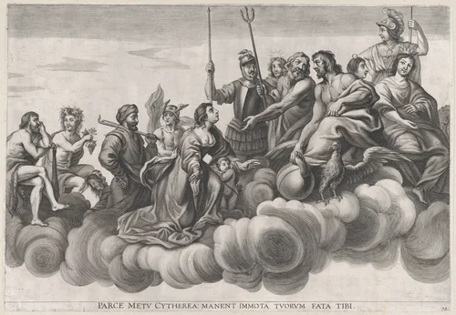 Plate 32: Venus asking Jupiter for protection; from Guillielmus Becanus's 'Serenissimi Principis Ferdinandi, Hispaniarum Infantis...' by Johannes Meursius, print, 1636