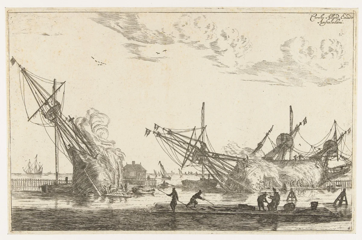 Waterdichtmaken van de rompen van drie fluitschepen by Reinier Nooms, print, 1650-1705