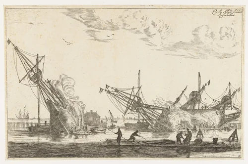 Waterdichtmaken van de rompen van drie fluitschepen by Reinier Nooms, print, 1650-1705