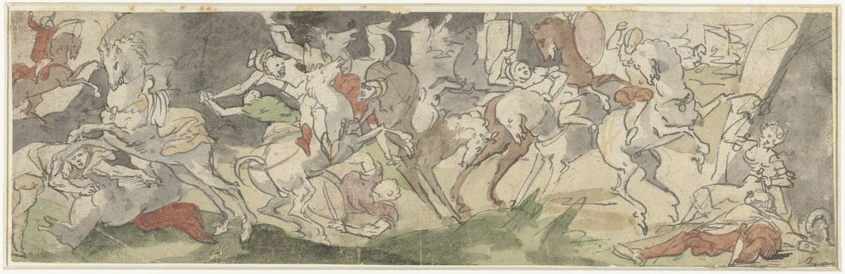 Gevechtscène met ruiters, rechts Jael en Sisera by Unknown, drawing, 1500-1600