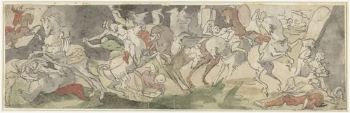 Gevechtscène met ruiters, rechts Jael en Sisera by Unknown, drawing, 1500-1600