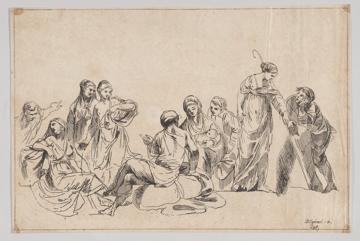 A group of nine women, one at center holds a baby and one at right holds a shepherdess's crook by anonymous, print, 1750-1850