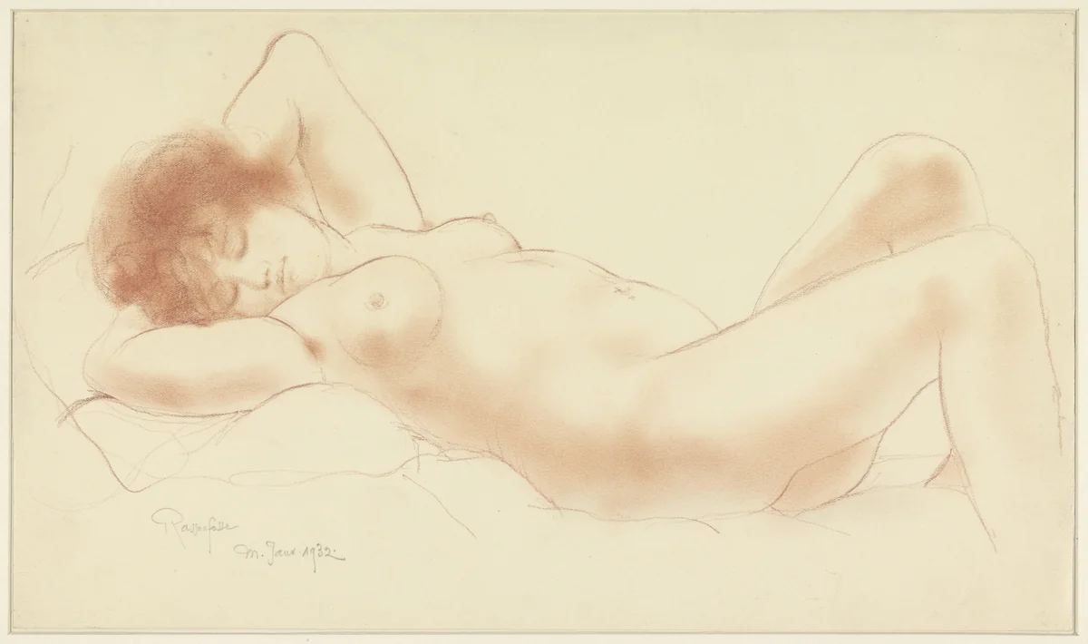 Liggende naakte vrouw, de armen onder het hoofd by Armand Rassenfosse, drawing, 1932