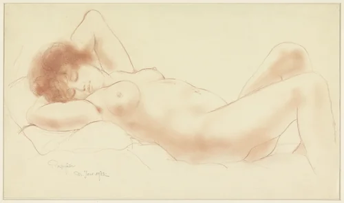 Liggende naakte vrouw, de armen onder het hoofd by Armand Rassenfosse, drawing, 1932