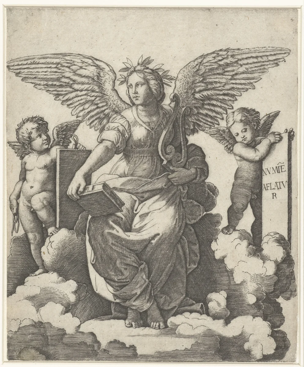 Gevleugelde vrouw als muze van Poëzie met boek en lier zittend op wolken geflankeerd door putti by Marcantonio Raimondi, print, 1513-1517