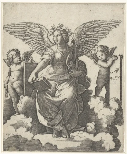Gevleugelde vrouw als muze van Poëzie met boek en lier zittend op wolken geflankeerd door putti by Marcantonio Raimondi, print, 1513-1517