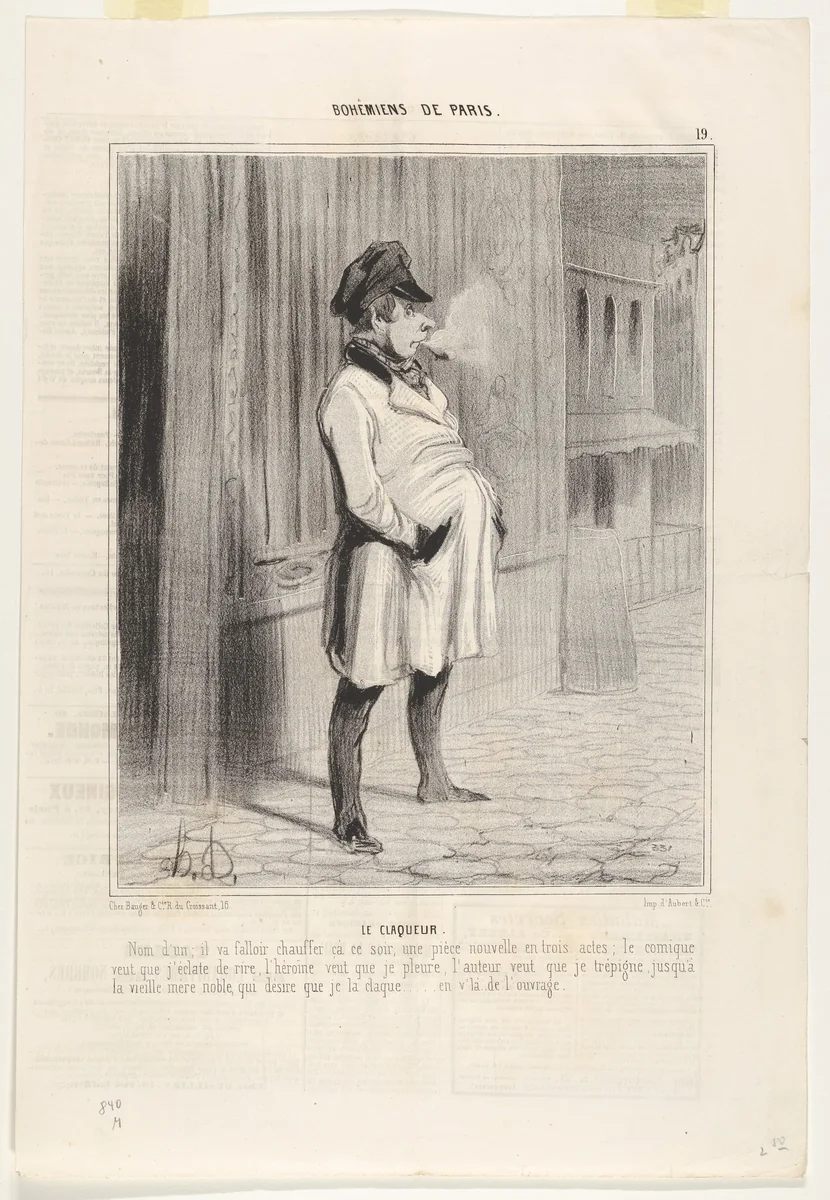 The Hired Clapper, plate 19 from "Artists and Bonvivants of Paris" by Honoré Daumier, print, 1808-1879