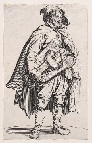 Le Joueur de Vielle (The Hurdy-Gurdy Player), from "Les Gueux suite appelée aussi Les Mendiants, Les Baroni, ou Les Barons" (The Beggars, also called the Barons) by Jacques Callot, print, 1618-1628