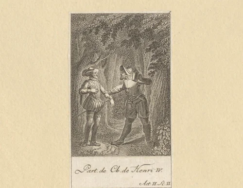 Hendrik IV en Michau in het bos van Sénart by Daniel Berger, print, 1774