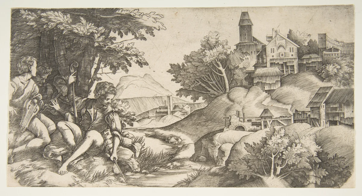 At left four shepherds with musical instruments seated under a group of trees; at right a hilly landscape with buildings by Giulio Campagnola, print, 1512-1522