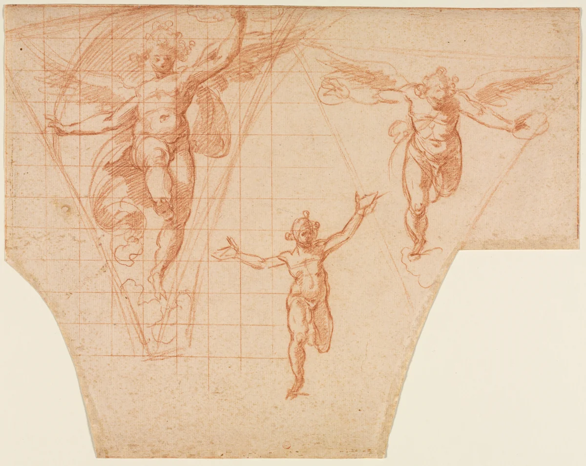 Three Studies of Angels for a Pendentive (recto) by Cristoforo Roncalli, drawing, 1599-1604