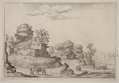 Rustic Landscape with Peasants and Horses by Ercole Bazicaluva, print, 1638