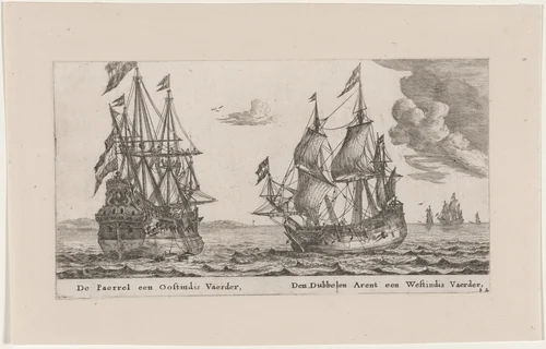 The "Parel" (Pearl), an East Indiaman and the "Dubbele Arent" (Spread Eagle), a West Indiaman by Reinier Nooms, print, 1647-1657