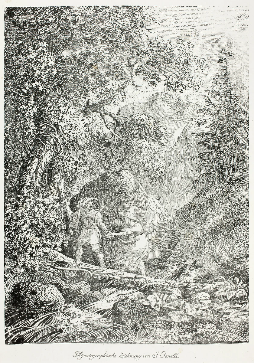 Hiker Crossing Over a Mountain Stream on a Tree Trunk with a Woman by Janus Genelli, print, 1804