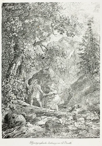 Hiker Crossing Over a Mountain Stream on a Tree Trunk with a Woman by Janus Genelli, print, 1804