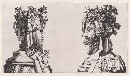 Fantastical Masked Masculine Heads by anonymous, print, 1545-1555