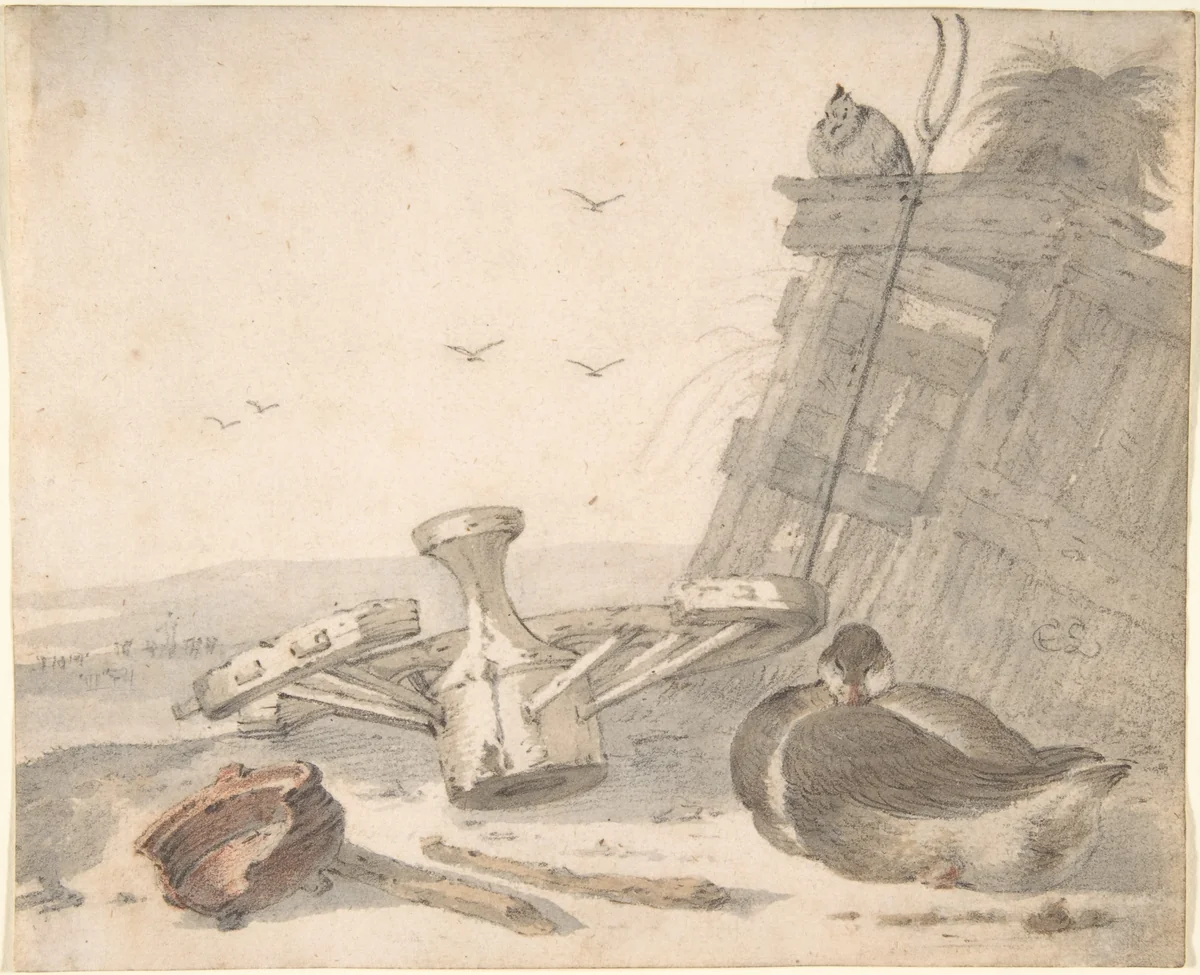 A Duck Sleeping near a Broken Wheel in a Farmyard, a Chicken beyond by Cornelis Saftleven, drawing, 1615-1681