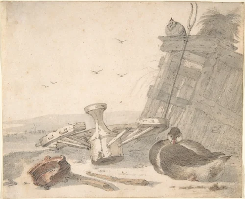 A Duck Sleeping near a Broken Wheel in a Farmyard, a Chicken beyond by Cornelis Saftleven, drawing, 1615-1681