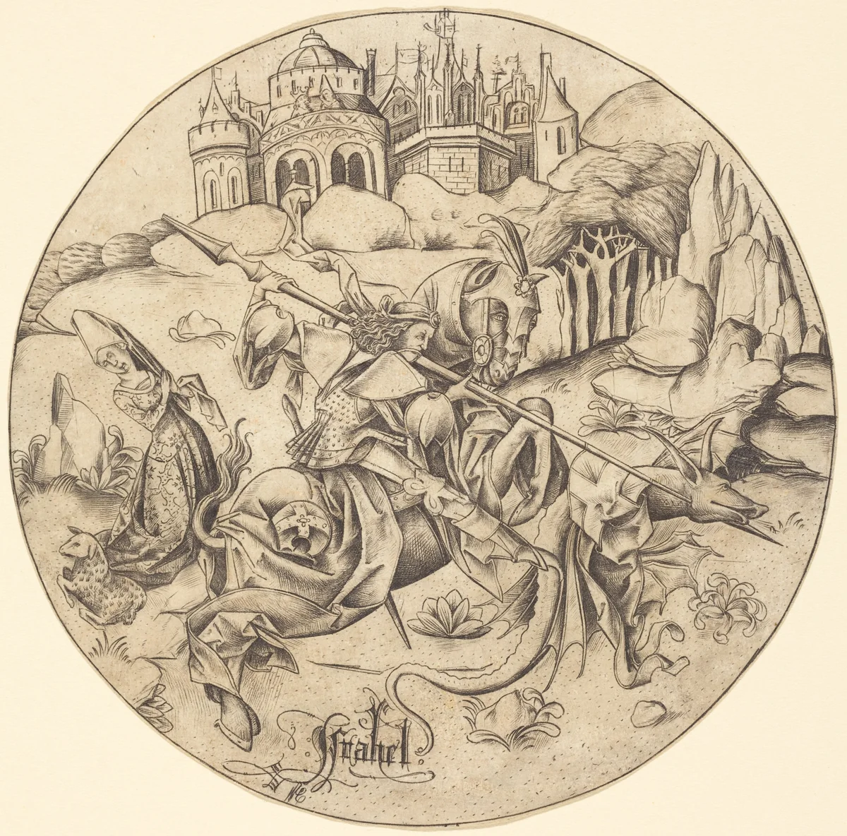 Saint George and the Dragon by Israhel van Meckenem, print, 1465-1470