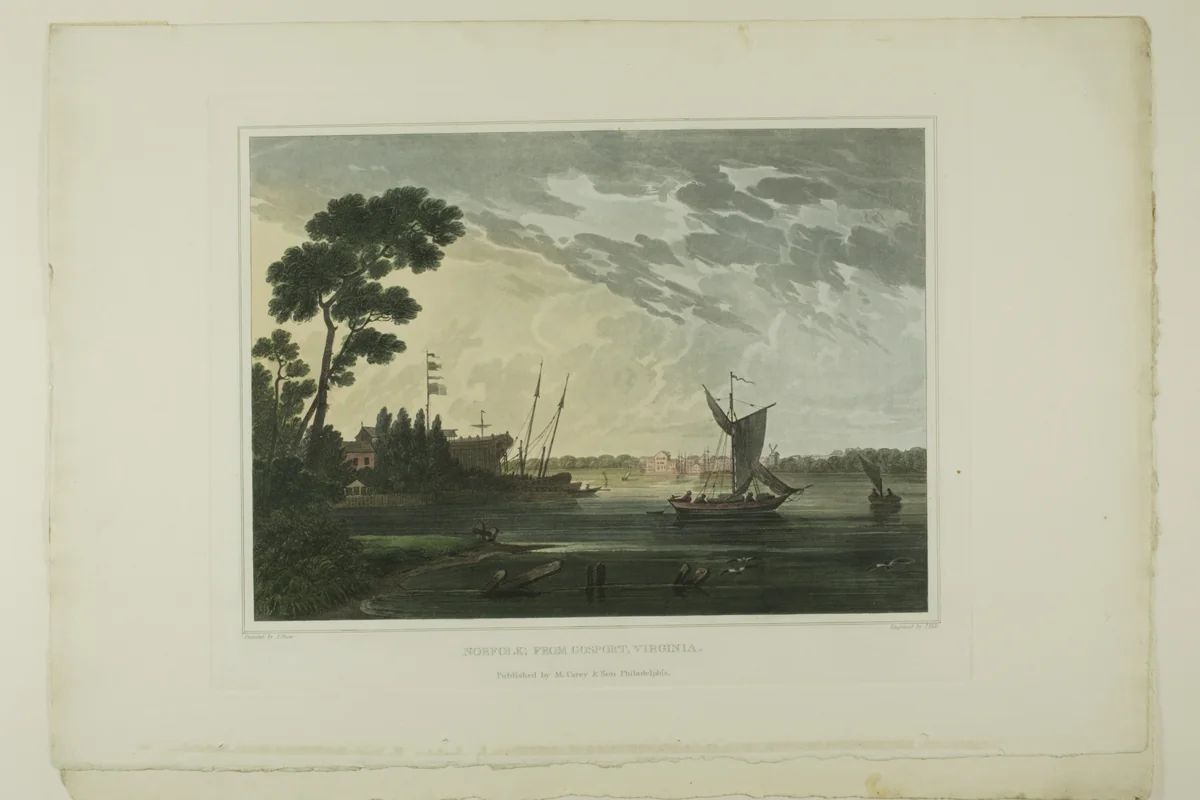 Norfolk; From Gosport, Virginia, plate five of the second number of Picturesque Views of American Scenery by Joshua Shaw, print, 1819-1821