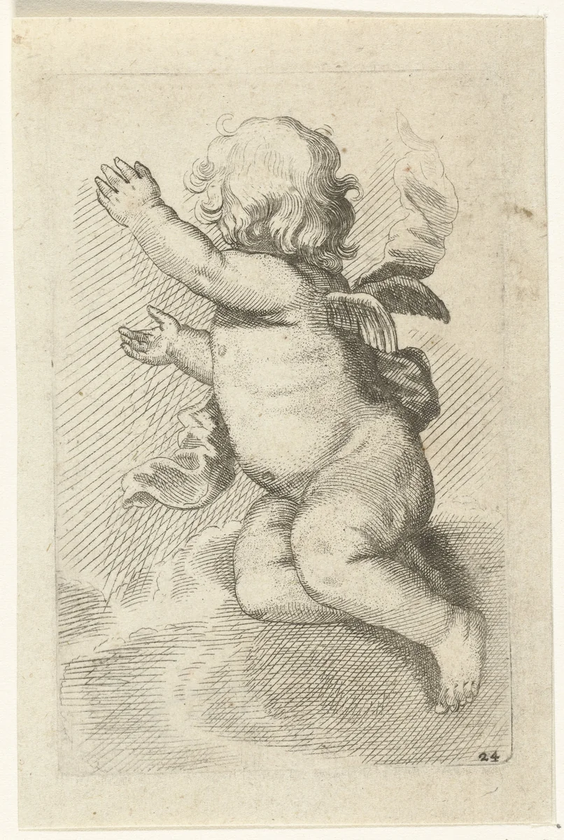 Wuivend engeltje van achteren by Pieter van Avont, print, 1630-1652