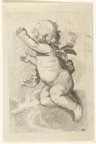 Wuivend engeltje van achteren by Pieter van Avont, print, 1630-1652