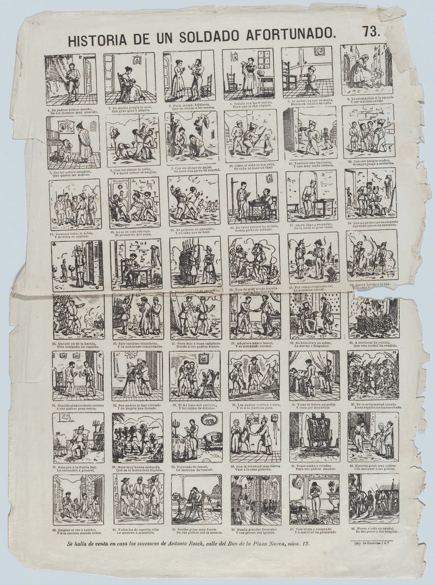 Broadside with 48 scenes relating to the life of the lucky soldier by Antonio Bosch, print, 1855-1865