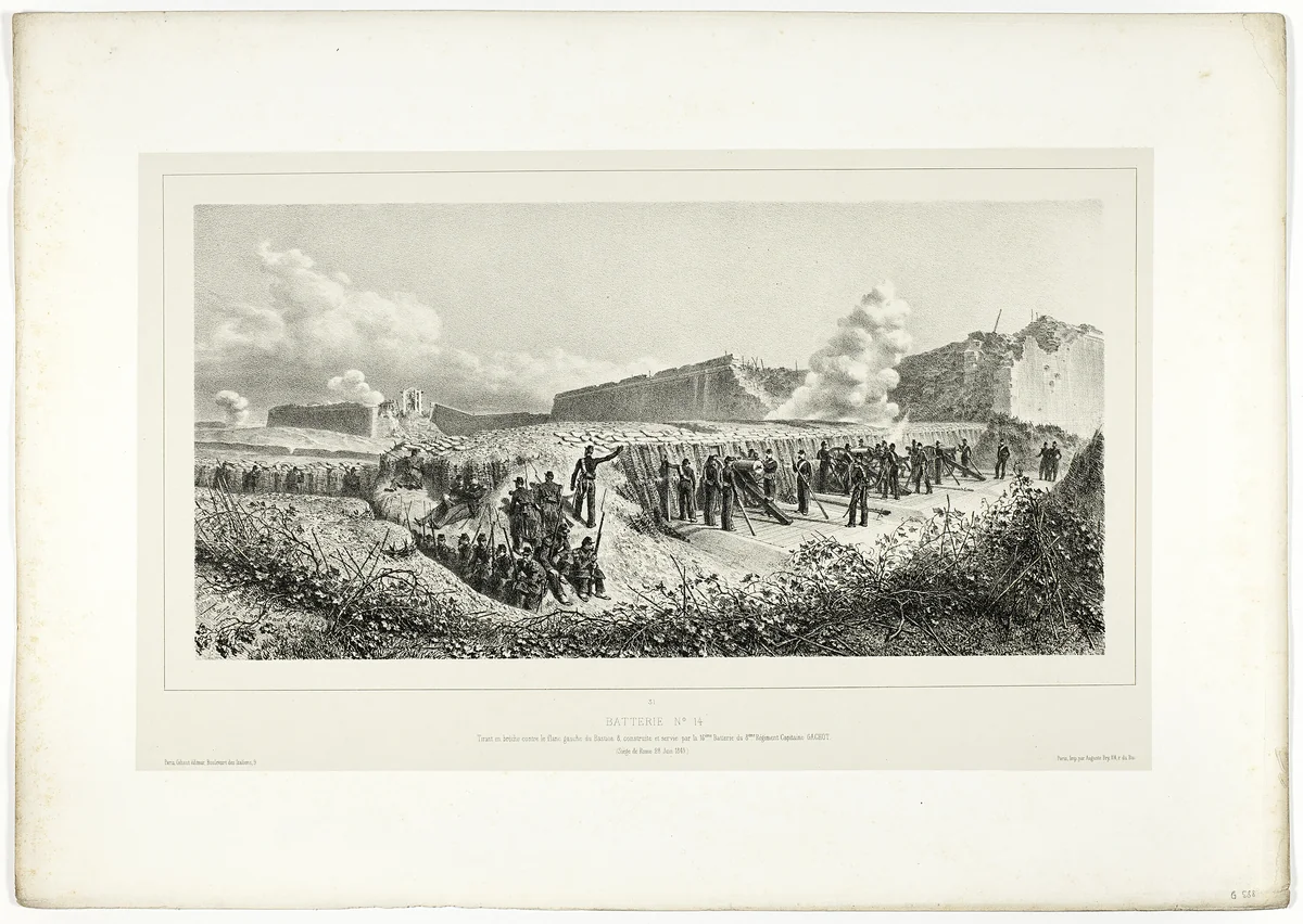 Battery no.14, from Souvenirs d’Italie: Expédition de Rome by Denis Auguste Marie Raffet, print, 1859