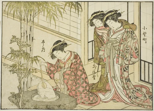 Courtesans of the Maruya, from the book "Mirror of Beautiful Women of the Pleasure Quarters (Seiro bijin awase sugata kagami)," vol. 2 by Katsukawa Shunsho (勝川 春章), print, 1776