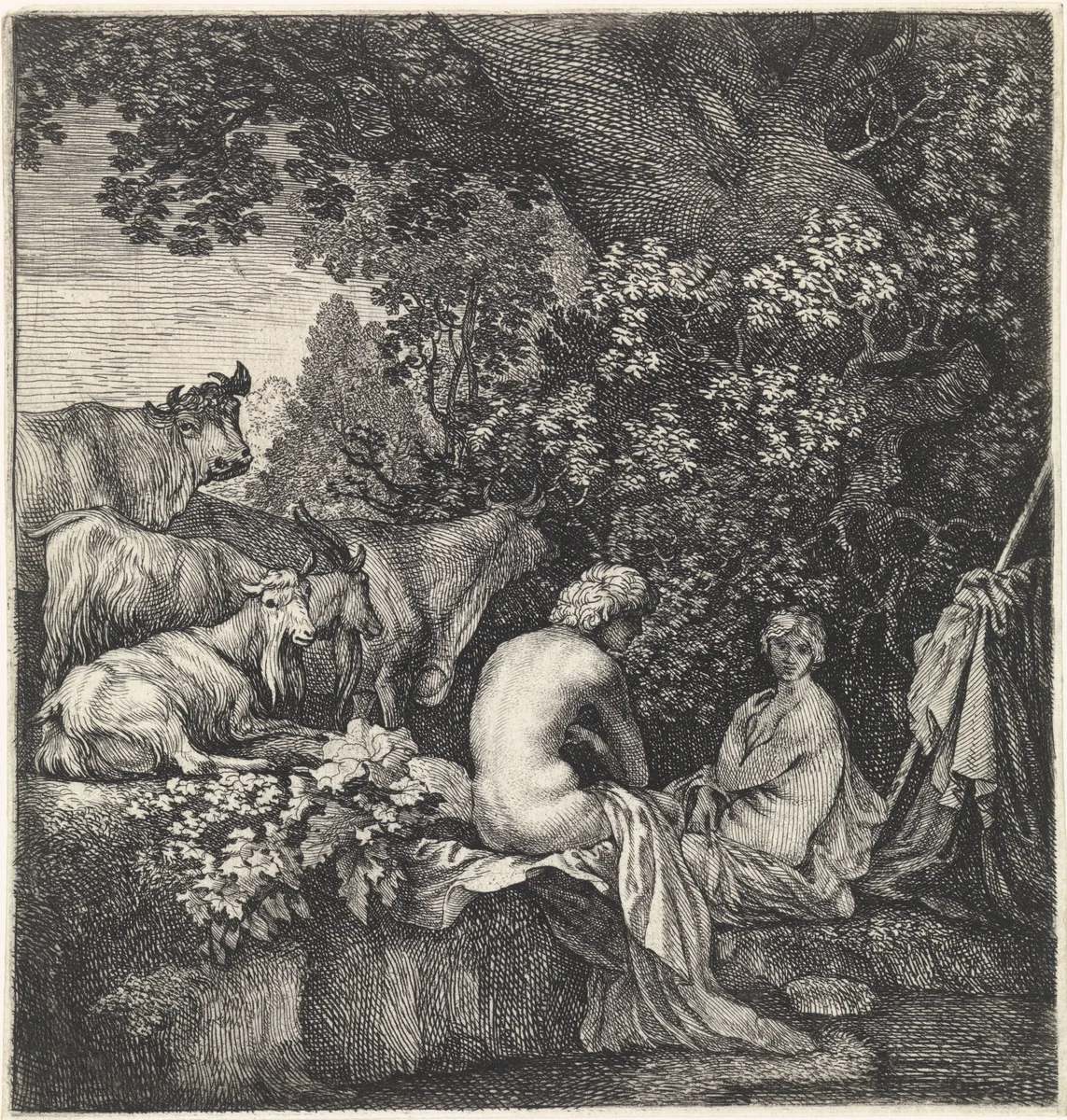 Herders bij een vijver by Moyses van Wtenbrouck, print, 1600-1647