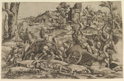 Agamemnon killing Odios by anonymous, print, 1540-1550
