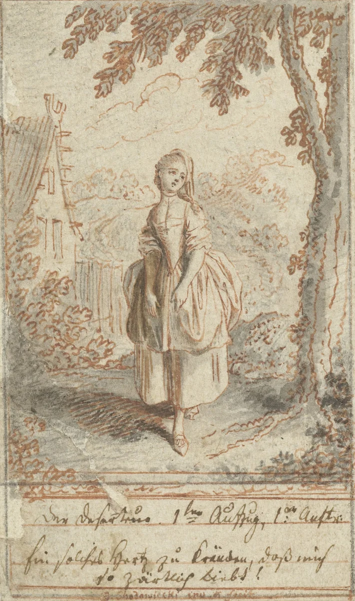 Louise staande onder een lindeboom by Daniel Nikolaus Chodowiecki, drawing, 1770-1775