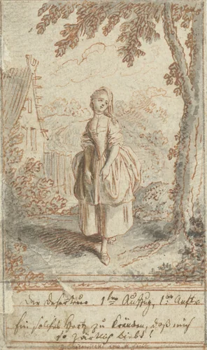Louise staande onder een lindeboom by Daniel Nikolaus Chodowiecki, drawing, 1770-1775