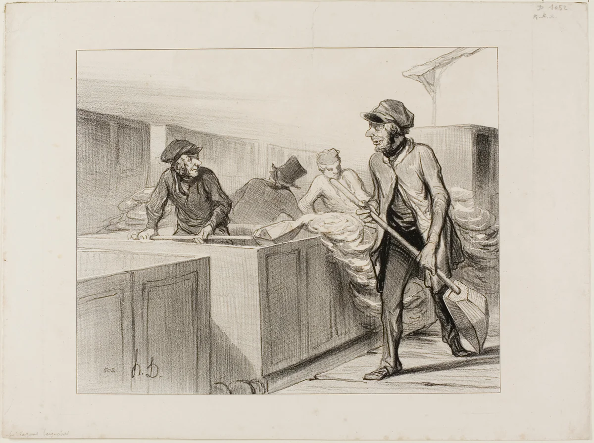The Bath Tub Cars. “- Say, Jerome....did you see these travellers yesterday who complained about our cars under the pretext that the rain inconvenienced them? - For only 7 Francs they traveled to Orléans, including a four hour bath.... there are people who are never content! Next they will want us to serve them an almond-paté as part of the bargain... and then they don't even give a sou to the boy who cleans the bath tub,” plate 10 from Les Chemins De Fer by Honoré-Victorin Daumier, print, 1843