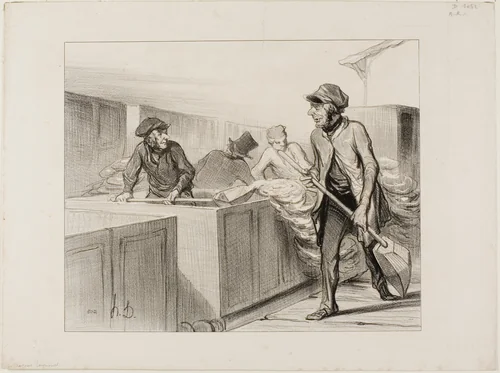 The Bath Tub Cars. “- Say, Jerome....did you see these travellers yesterday who complained about our cars under the pretext that the rain inconvenienced them? - For only 7 Francs they traveled to Orléans, including a four hour bath.... there are people who are never content! Next they will want us to serve them an almond-paté as part of the bargain... and then they don't even give a sou to the boy who cleans the bath tub,” plate 10 from Les Chemins De Fer by Honoré-Victorin Daumier, print, 1843