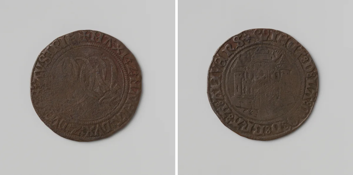 Maximiliaan, aartshertog van Oostenrijk, en Maria, hertogin van Bourgondie, rekenpenning van het hertogdom Brabant by anonymous, metalwork, 1478