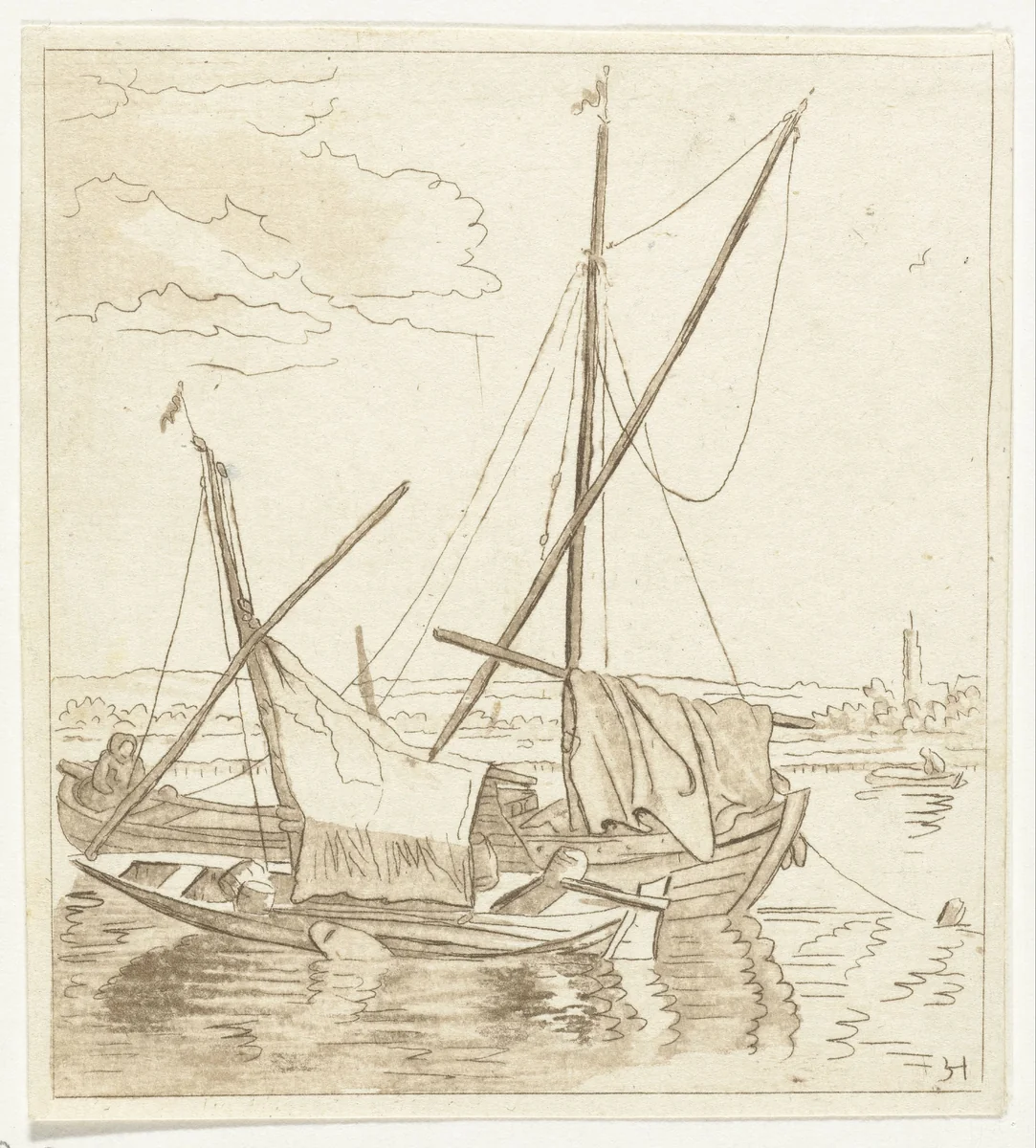 Twee zeilschepen in een rivier by Anthonie van den Bos, print, 1778-1838