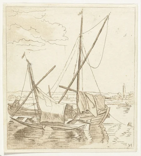 Twee zeilschepen in een rivier by Anthonie van den Bos, print, 1778-1838