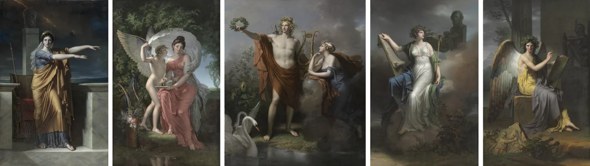 Polyhymnia, Muse of Eloquence; Erato, Muse of Lyrical Poetry; Apollo, God of Light, Eloquence, Poetry and the Fine Arts with Urania, Muse of Astronomy; Calliope, Muse of Epic Poetry; Clio, Muse of History by Charles Meynier, painting, 1800