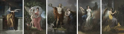 Polyhymnia, Muse of Eloquence; Erato, Muse of Lyrical Poetry; Apollo, God of Light, Eloquence, Poetry and the Fine Arts with Urania, Muse of Astronomy; Calliope, Muse of Epic Poetry; Clio, Muse of History by Charles Meynier, painting, 1800
