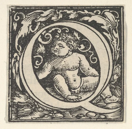 Initial letter Q with putto by Heinrich Vogtherr, print, 1533-1540
