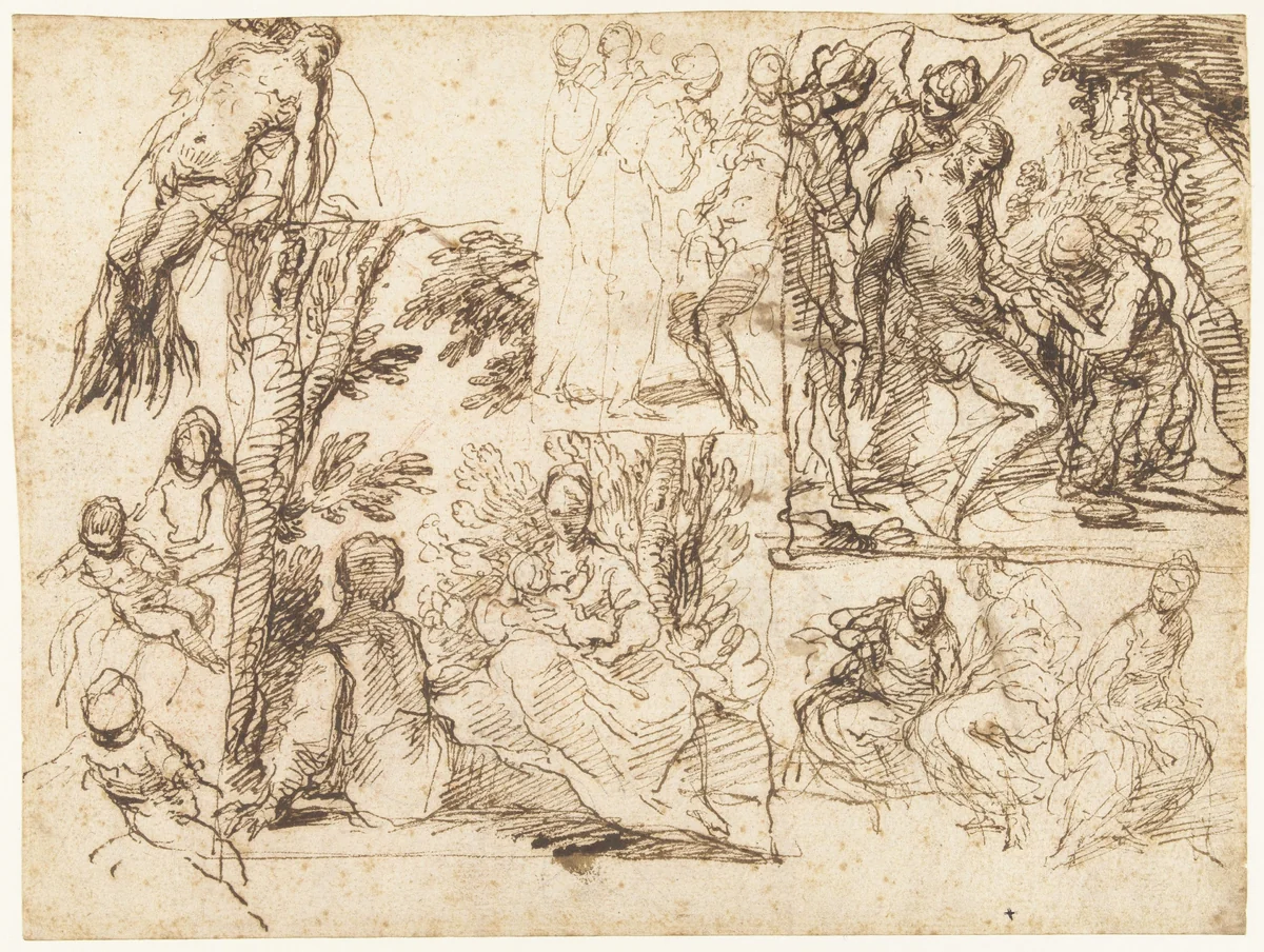 Schetsblad met verschillende composities, waaronder een Bewening by Simone Cantarini, drawing, 1635-1645