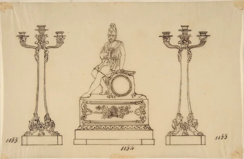 Design for a Set of Candlesticks and a Clock by anonymous, drawing, 1800-1899