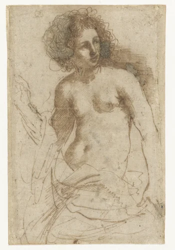 Halfnaakte staande vrouw by Guercino, drawing, 1601-1666