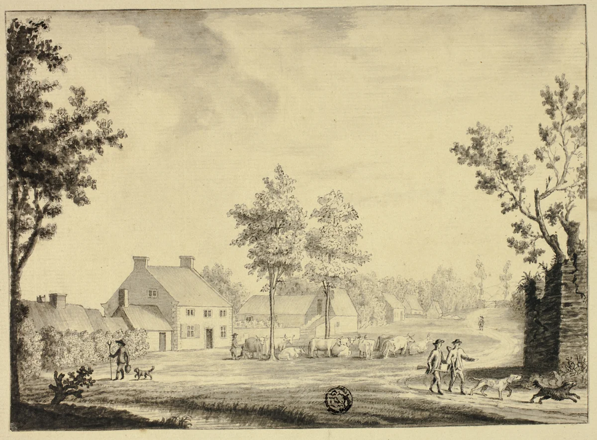 Hunters and Herd of Cattle Outside Country Estate by Samuel Hieronymus Grimm, drawing, 1700-1799