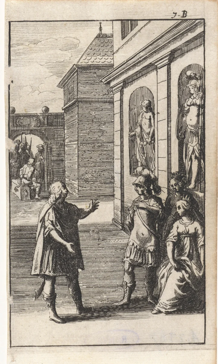 Man voor een soldaat en twee vrouwen by Abraham Dircksz. Santvoort, print, 1666