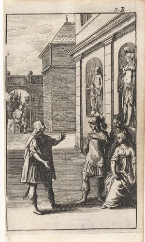 Man voor een soldaat en twee vrouwen by Abraham Dircksz. Santvoort, print, 1666