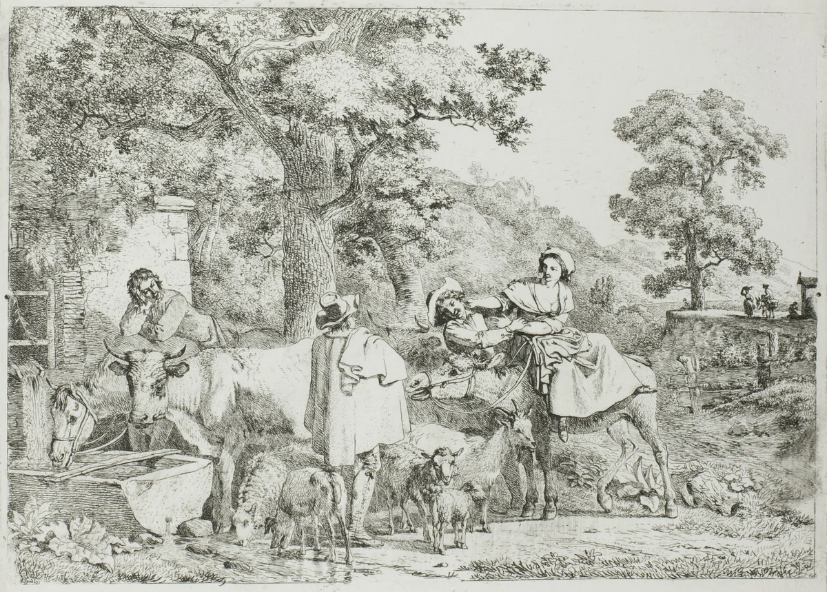 Cow and Horse at the Trough by Jean Louis Demarne, print, 1764-1829