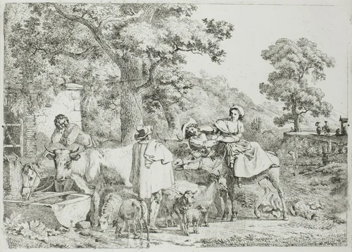 Cow and Horse at the Trough by Jean Louis Demarne, print, 1764-1829